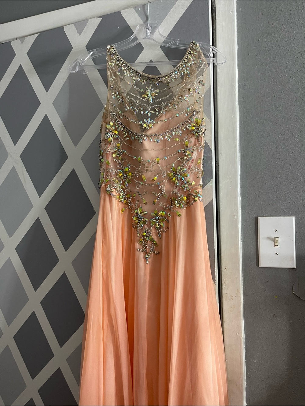 Peach Beaded Illusion Neckline Prom Dress